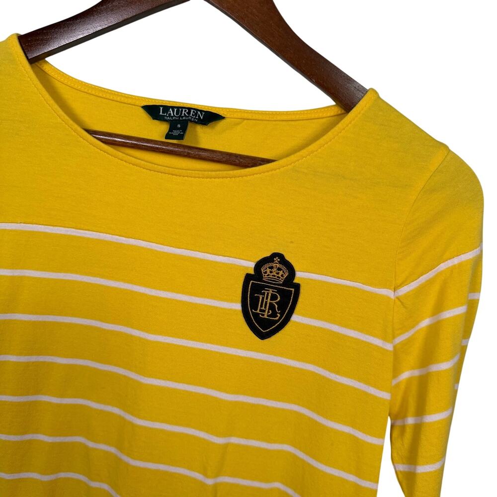 Lauren Ralph Lauren Women’s S Embroidered Patch Top Yellow Striped Lightweight